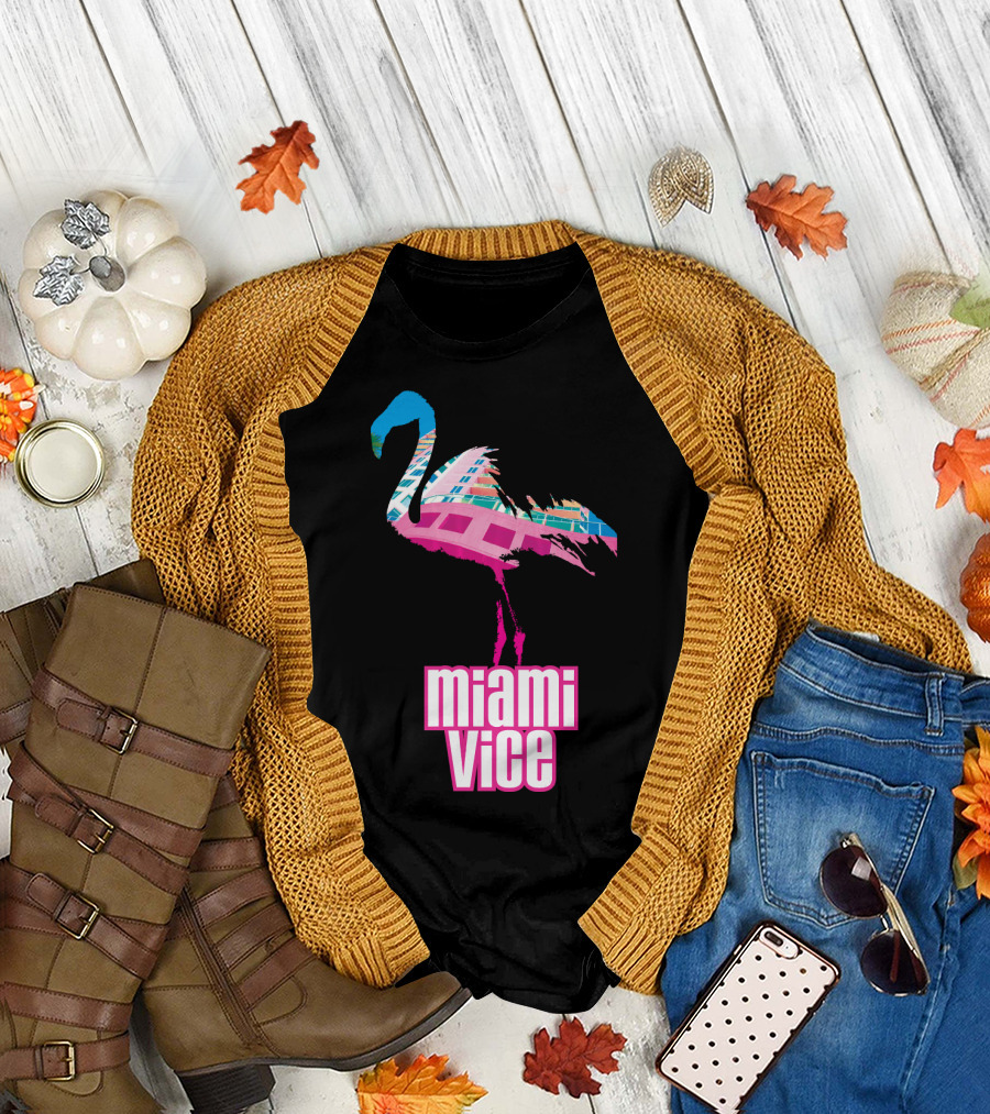 Miami Vice Neon Flamingo Cityscape Reflection T-Shirt
