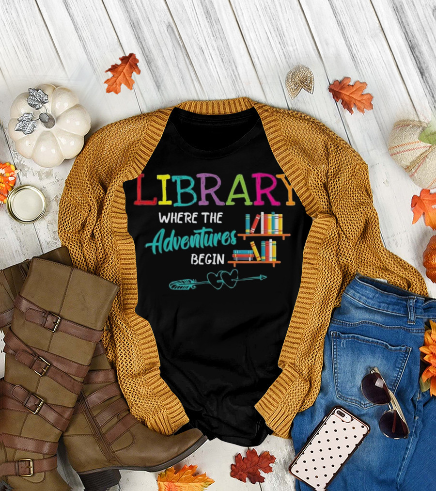 Library Where the Adventures Begin with Books and Arrow T-Shirt