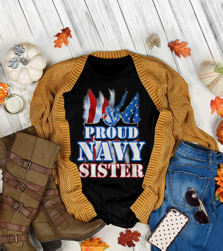 Proud Navy Sister USA Flag Anchor T-Shirt