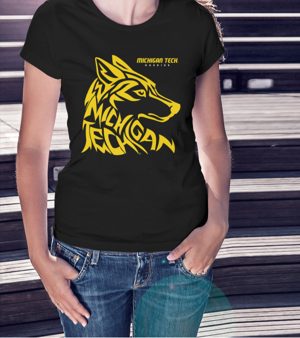 Michigan Tech Huskies Logo With Stylized Yellow Wolf Head T-Shirt
