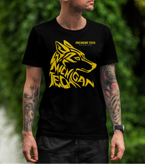 Michigan Tech Huskies Logo With Stylized Yellow Wolf Head T-Shirt