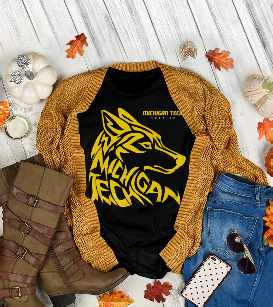Michigan Tech Huskies Logo with Stylized Yellow Wolf Head T-Shirt