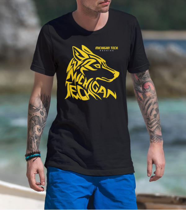 Michigan Tech Huskies Logo With Stylized Yellow Wolf Head T-Shirt