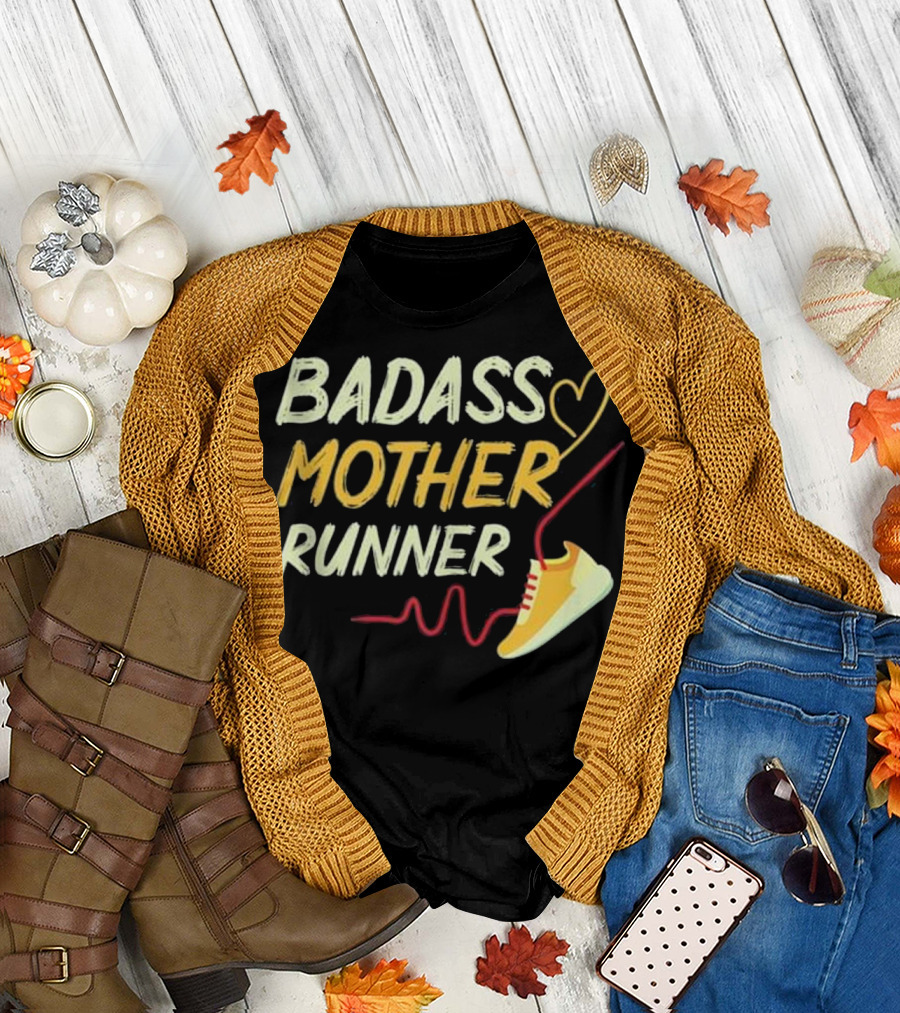 Badass Mother Runner Heart Shoe Fun Fitness T-Shirt