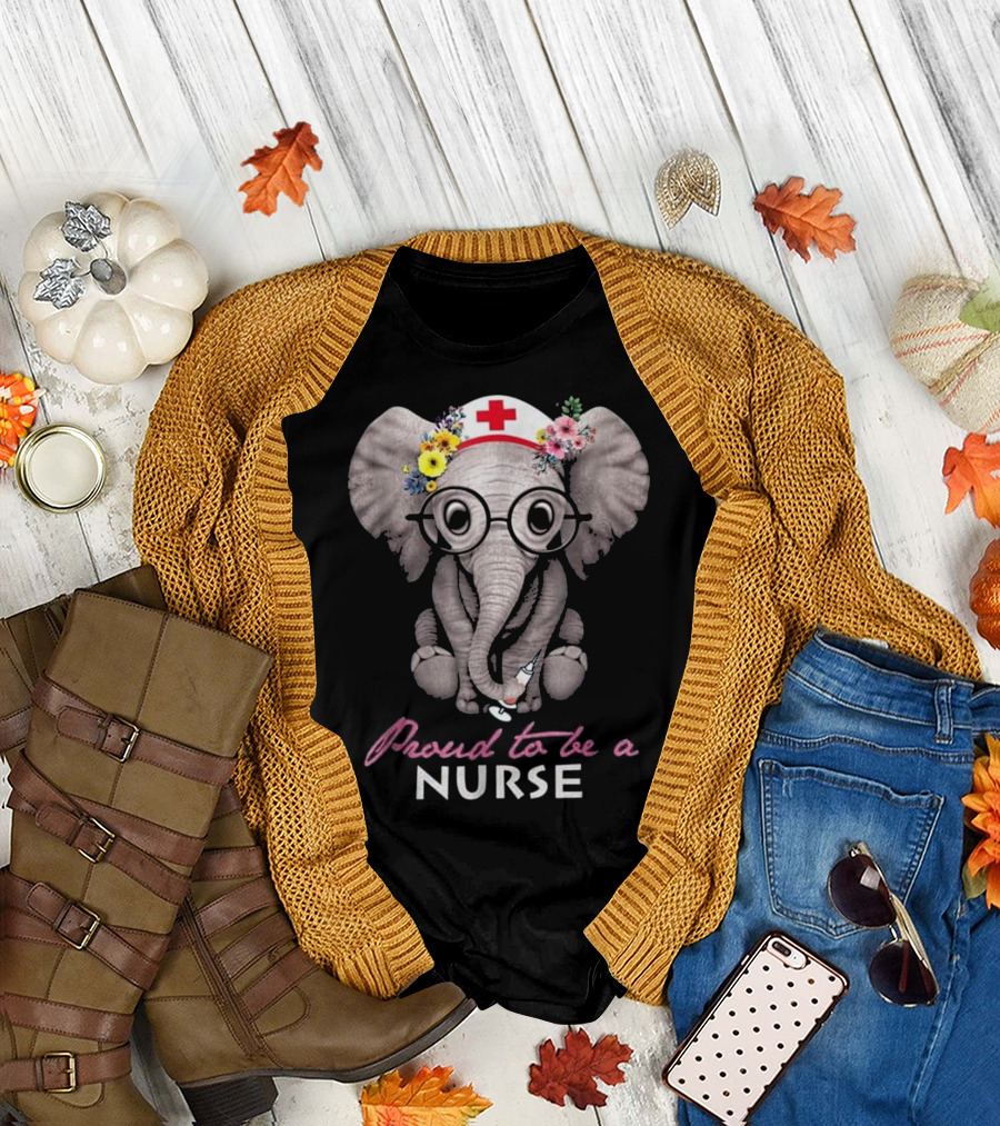 Proud to Be a Nurse Elephant with Glasses and Floral Nurse Cap T-Shirt