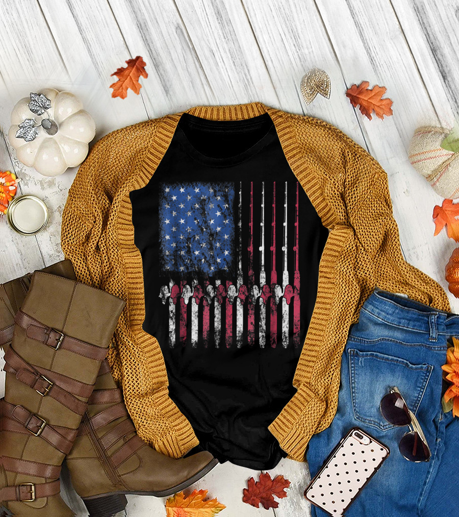 Fishing America American Flag Fishing Rods and Fish Flag T-Shirt