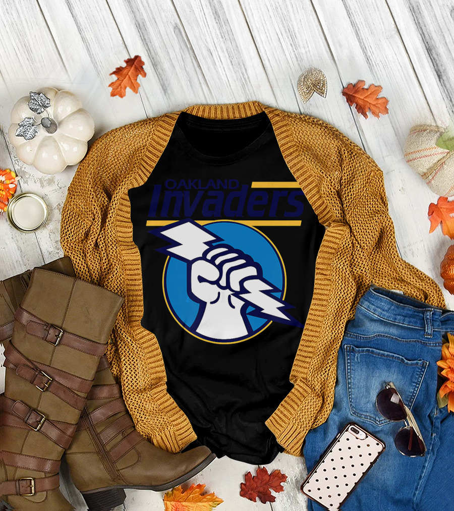 Oakland Invaders Football Fist Lightning Bolt Blue Circle T-Shirt
