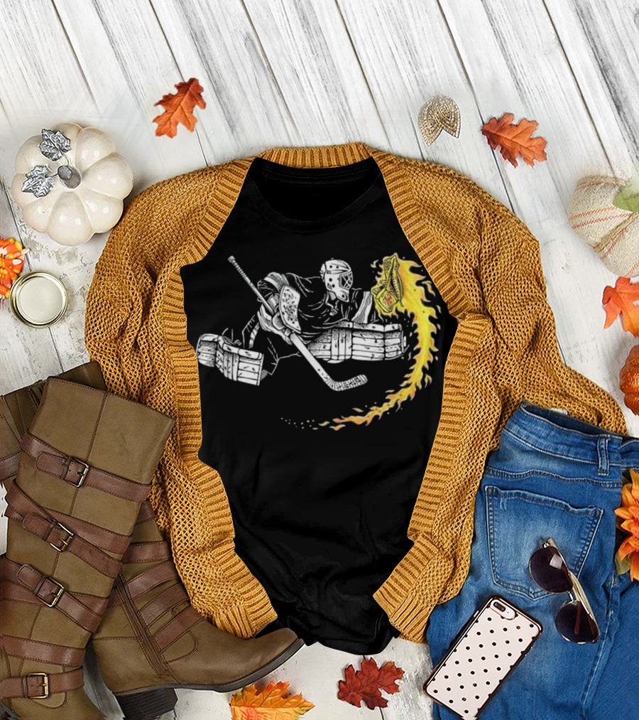 Ice Hockey Goalie Hot Glove on Fire SAV with Flaming Puck Save T-Shirt