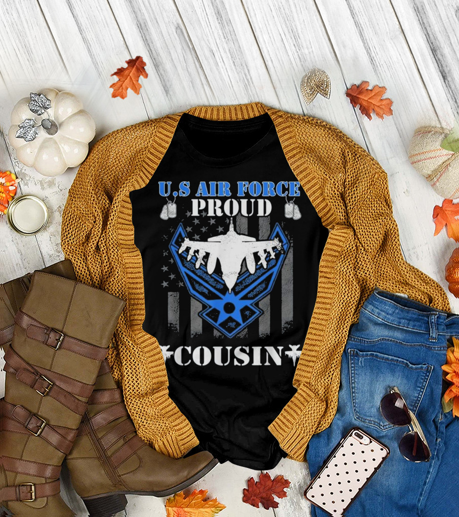 U.S. Air Force Proud Cousin Military Tribute with Jet and Dog Tags T-Shirt