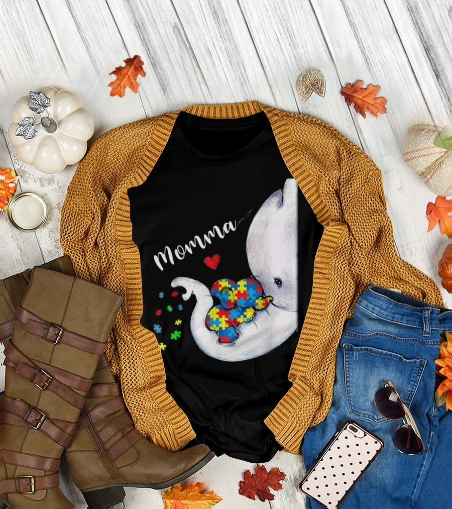Momma Elephant Autism Awareness Puzzle Heart T-Shirt