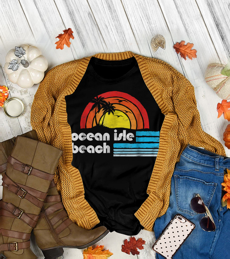 Ocean Isle Beach North Carolina Sur Retro Palm Sunset Stripes T-Shirt