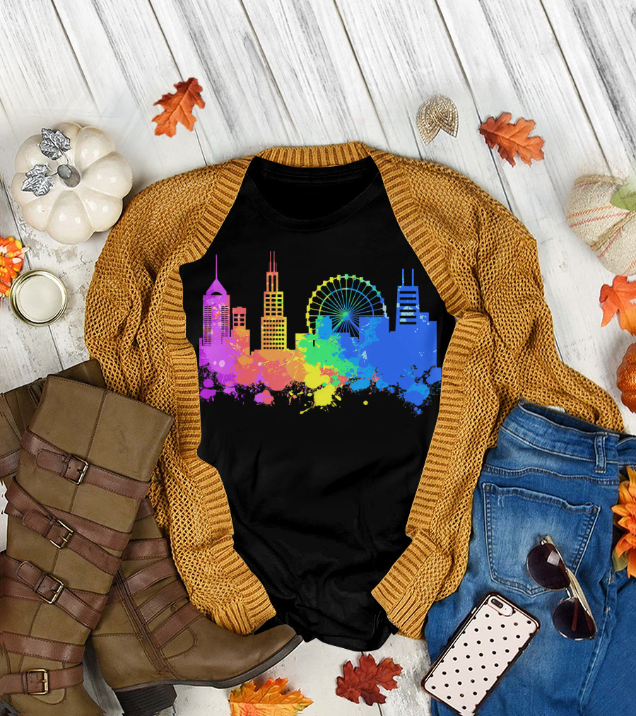 Chicago Skyline Watercolor Rainbow Splash Souvenirs T-Shirt