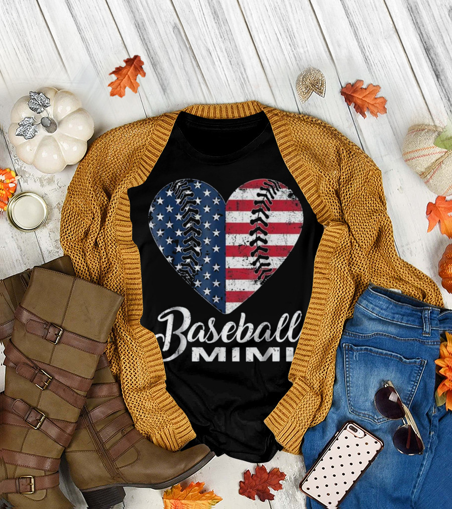 Baseball Mimi American Flag Heart T-Shirt
