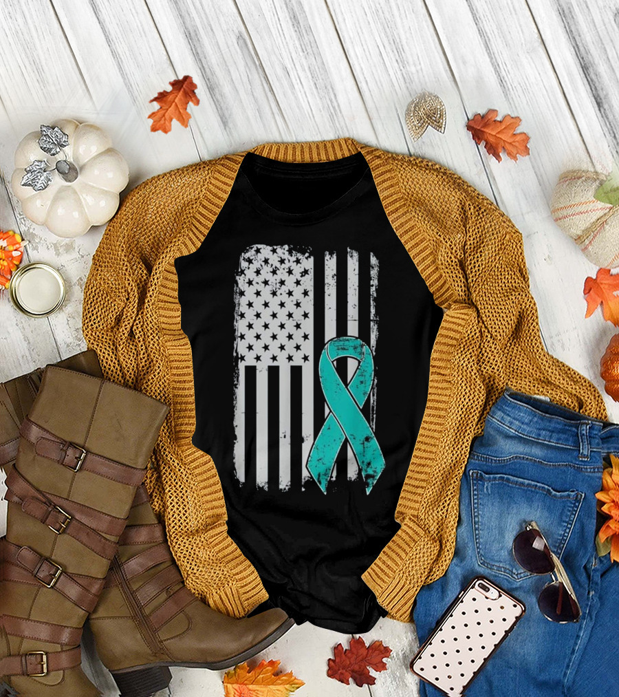 PTSD Awareness Teal Ribbon American Flag Military Support T-Shirt
