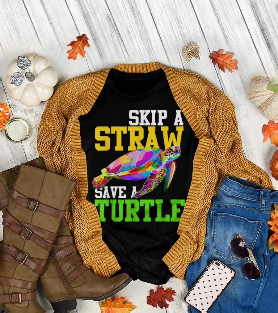 Skip A Straw Save A Turtle Colorful Geometric Turtle T-Shirt