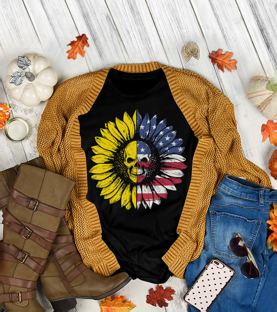 Skull Sunflower American Flag Split T-Shirt