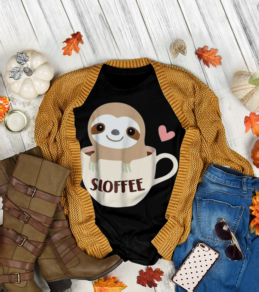 Sloffee Sloth Coffee Funny Coffee Cute Sloth in Cup with Heart T-Shirt