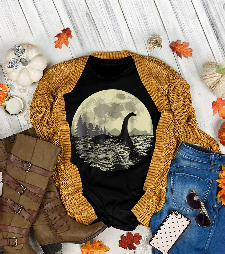 Loch Ness Monster Moonlight Lake Swim Silhouette by Moon T-Shirt