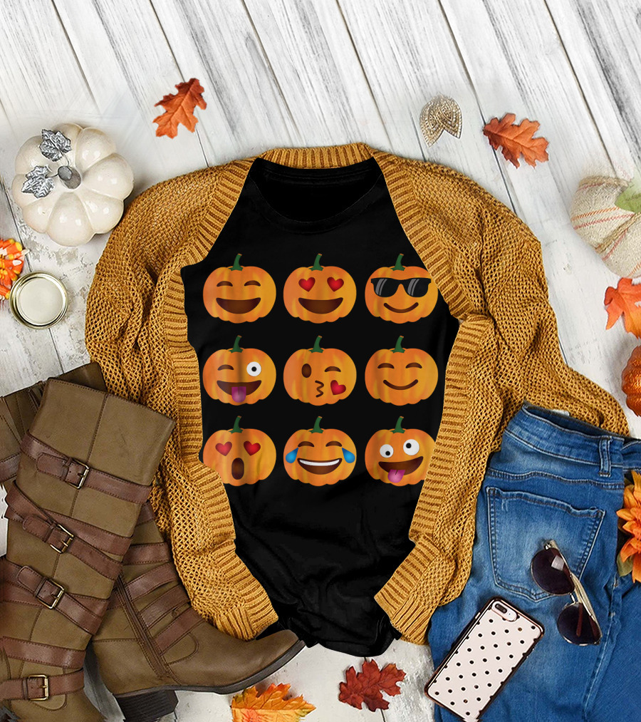 Pumpkin Emoji Faces Nine Expressions T-Shirt