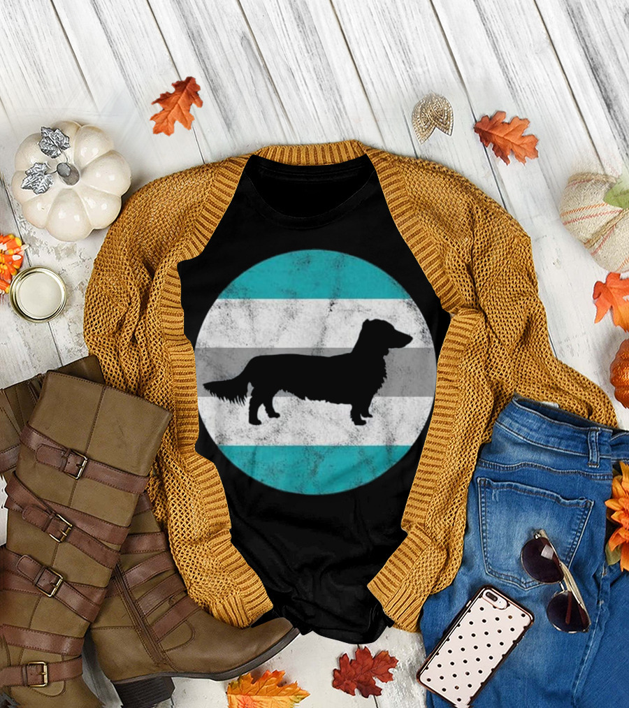 Long Haired Dachshund Silhouette on Teal and Gray Stripes T-Shirt