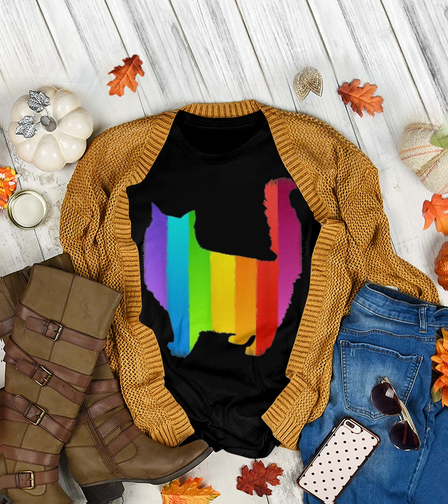Fluffy Rainbow Cat Silhouette with Vibrant Colors T-Shirt