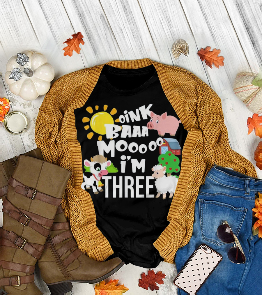Oink Baaa Moo I'm Three 3rd Birthday Cute Funny Cow Pig Sheep Farm Barn Sun T-Shirt