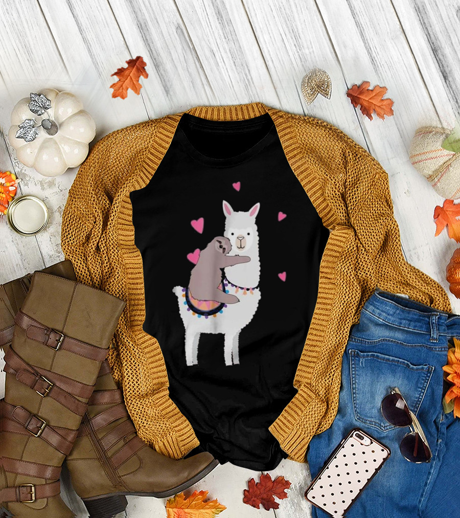 Sloth Best Friends Riding Llama Surrounded by Hearts T-Shirt