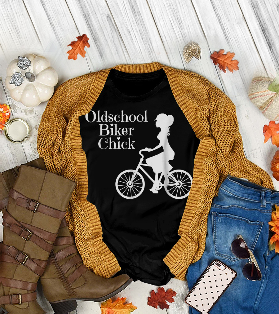 Oldschool Biker Chick Riding A Bicycle Humor T-Shirt