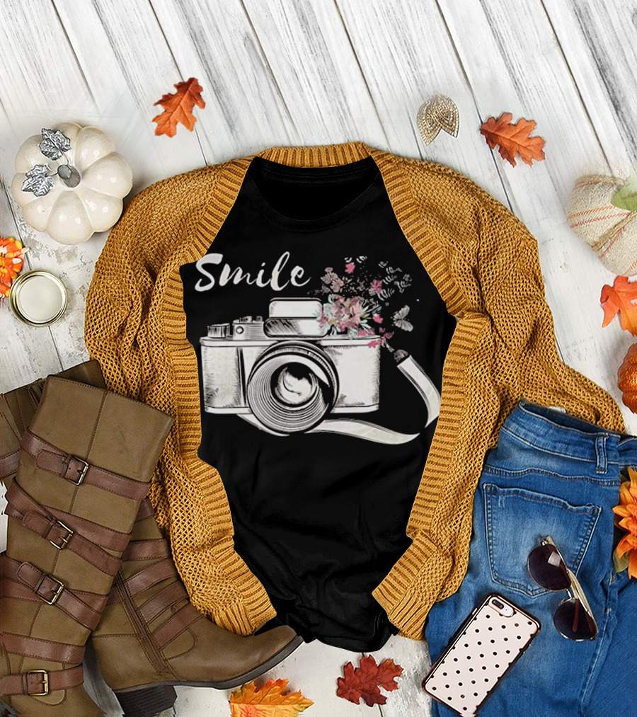 Smile Camera with Floral Burst and Film Strip T-Shirt