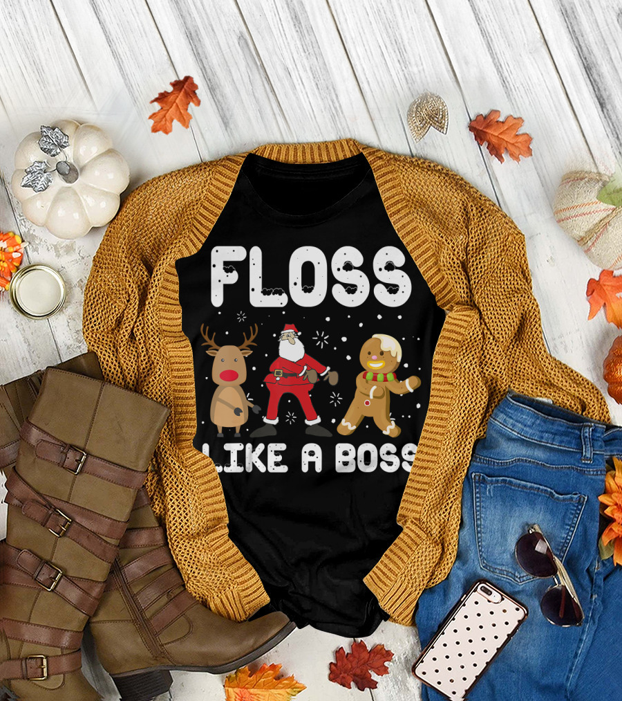 FLOSS LIKE A BOSS Santa Reindeer Gingerbread Christmas T-Shirt