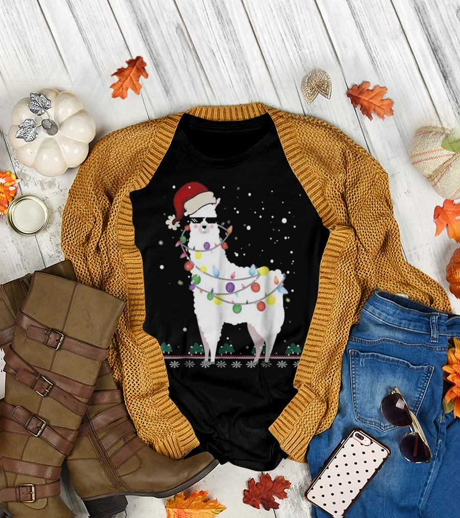 Christmas Llama Santa Hat Ugly Xmas Tree Lights Snowflakes T-Shirt