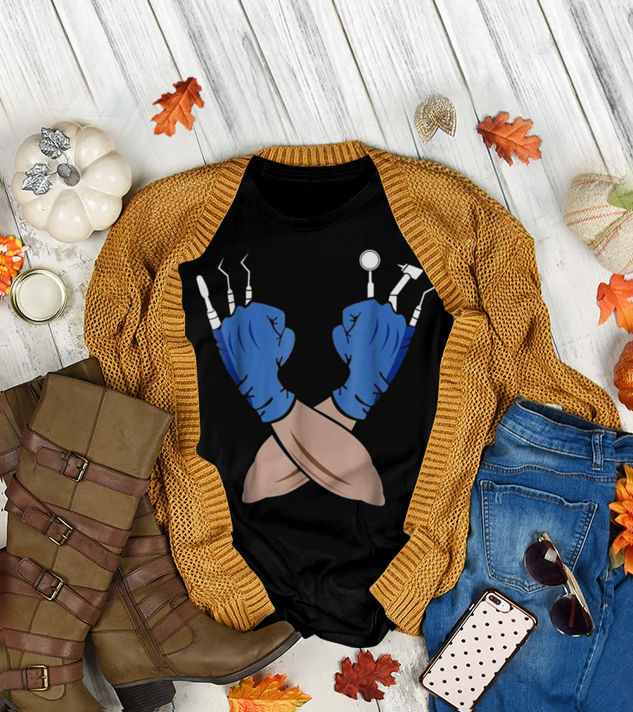 Wolve Dentist Job Funny Witch Gloves Crossed Dental Tools T-Shirt
