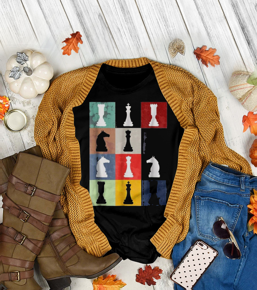 Vintage Chess Pieces on Multicolor Grid T-Shirt