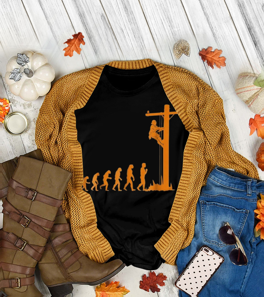 Cool Unique Evolution of Lineman Electrician Climbing Power Pole T-Shirt