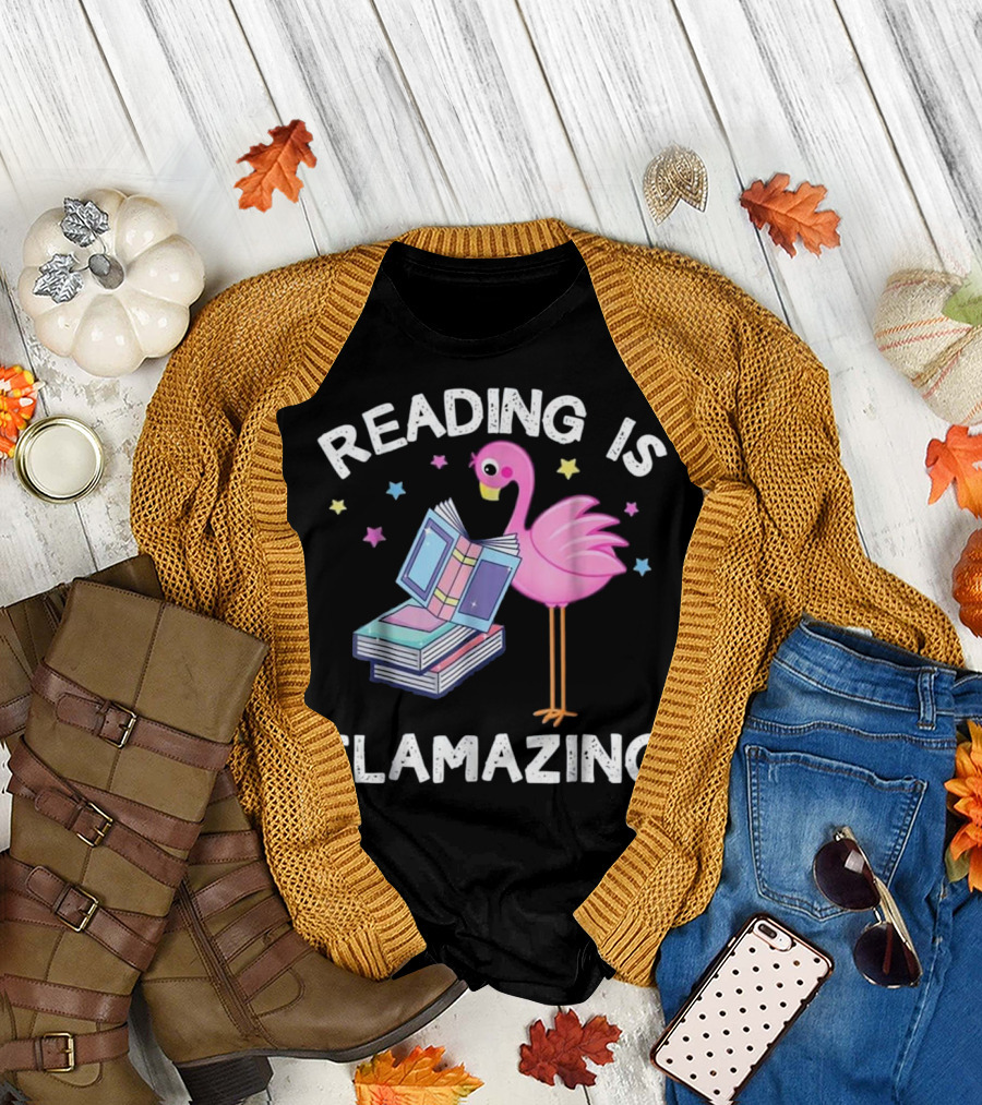 Reading Is Flamazing Flamingo with Books and Stars T-Shirt