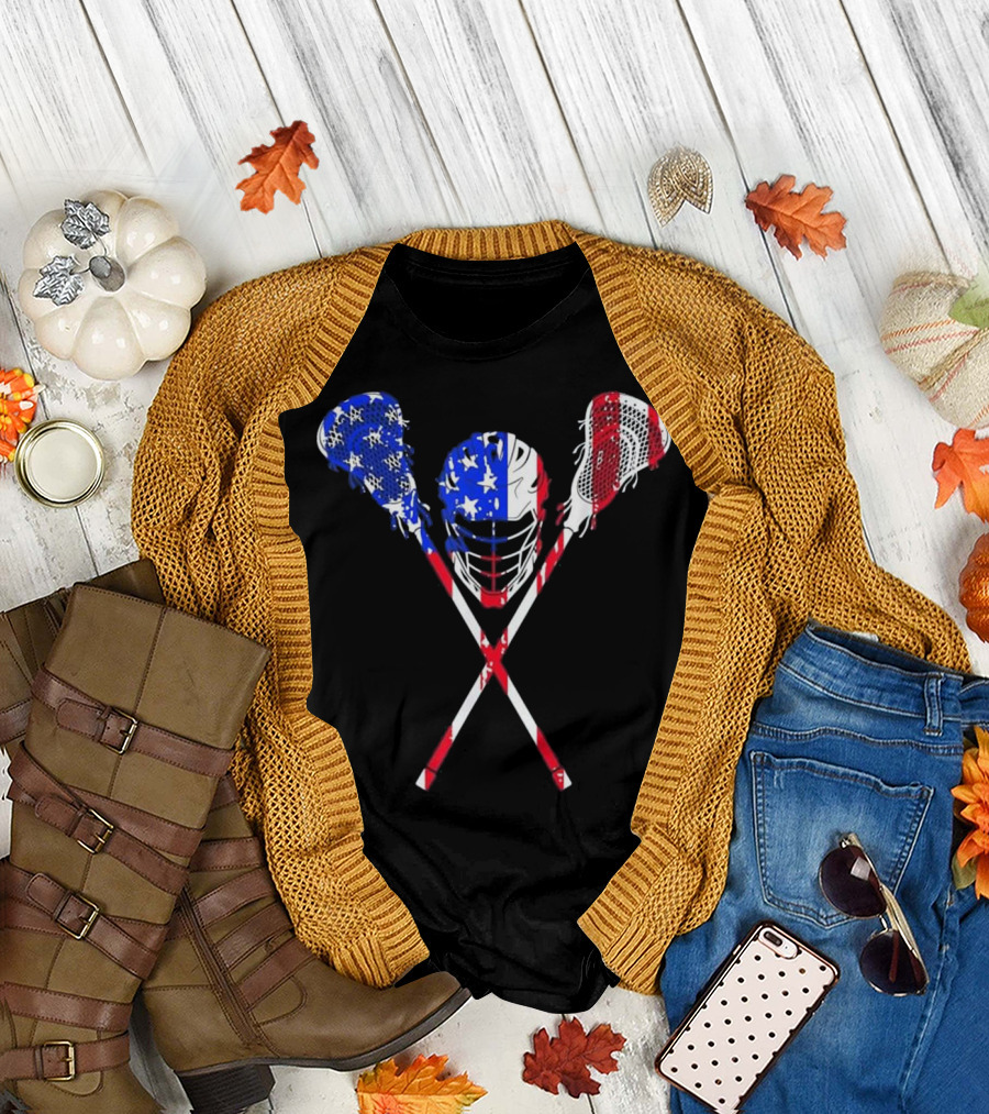 American Flag Lacrosse Helmet and Sticks T-Shirt