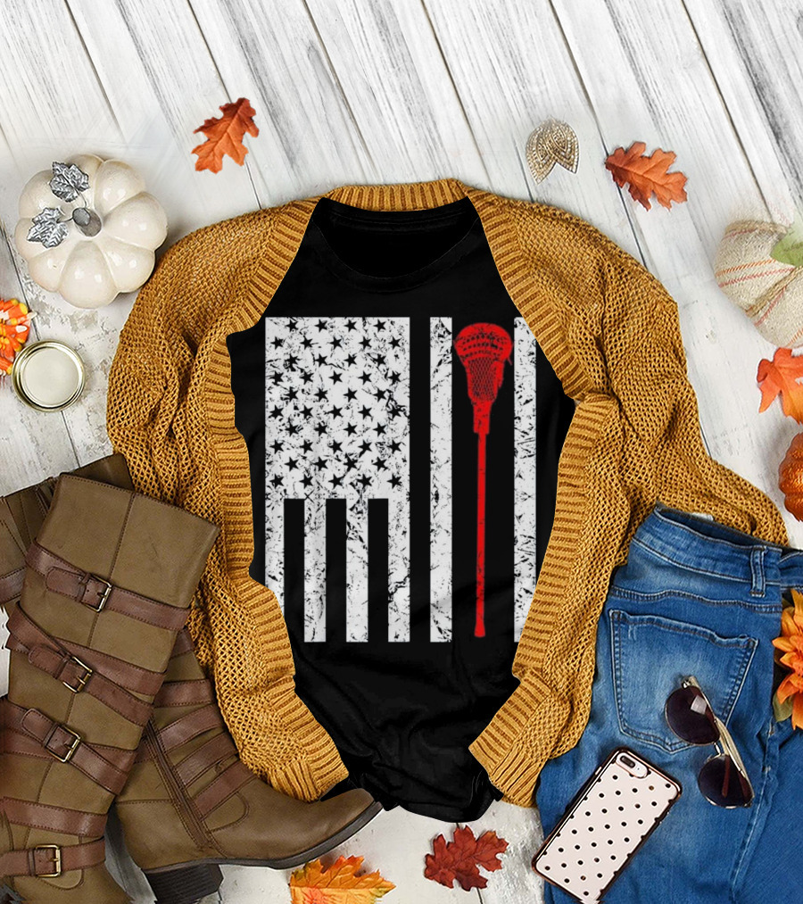 American Flag Lacrosse Stick US Sports Fan T-Shirt