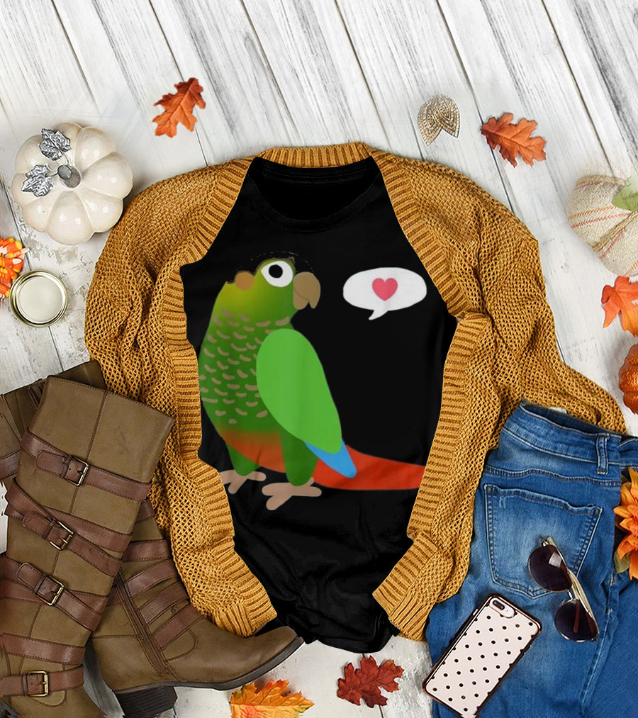 Funny Green Cheek Conure With Heart Parrot Love Speech Balloon T-Shirt