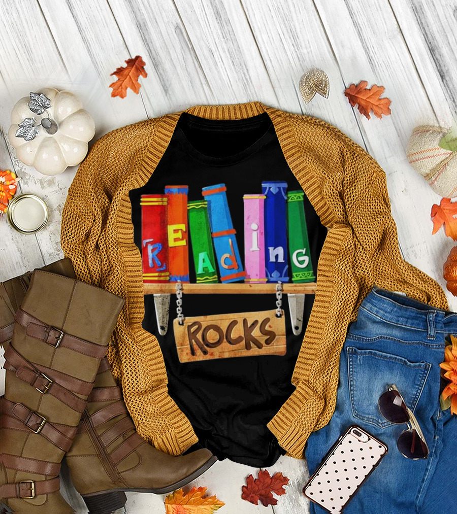 Reading Rocks Books Shelf Colorful Letters T-Shirt