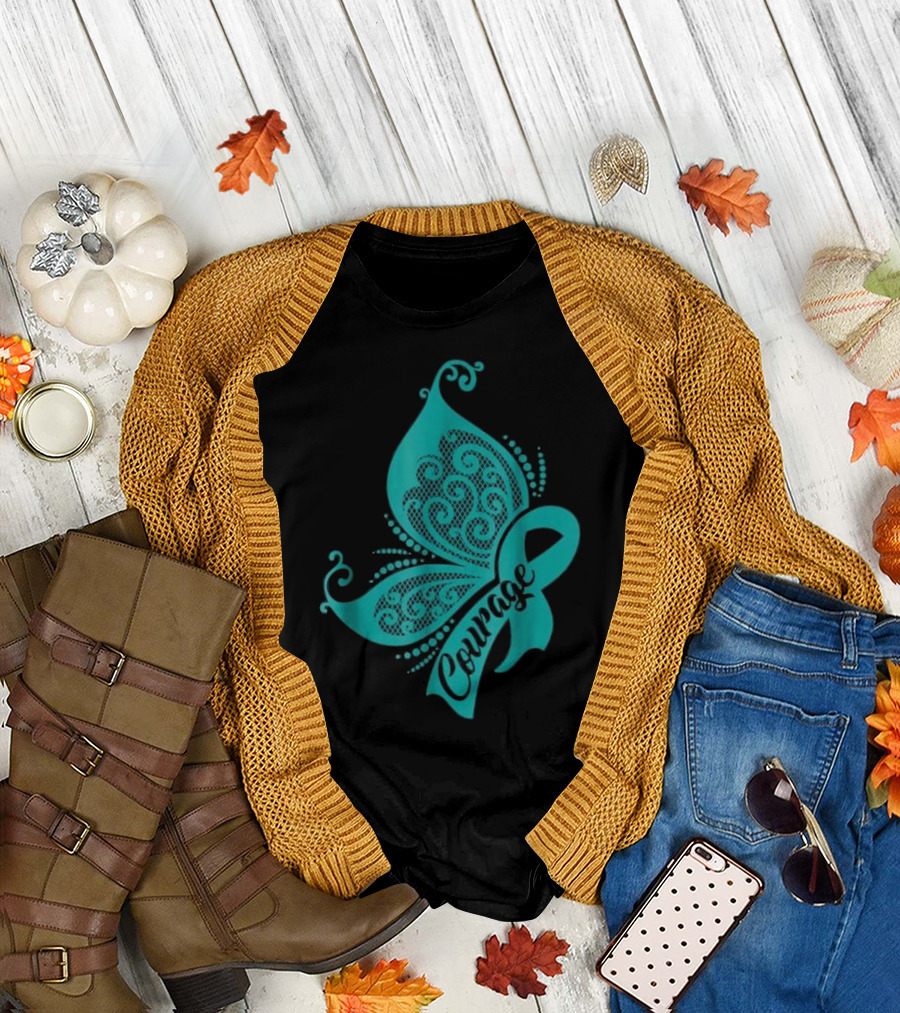 Courage Butterfly Ribbon Ovarian Cancer Awareness T-Shirt