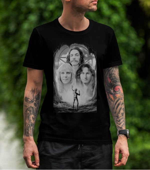 Rush Band Members With Starman Symbol And Celestial Background T-Shirt