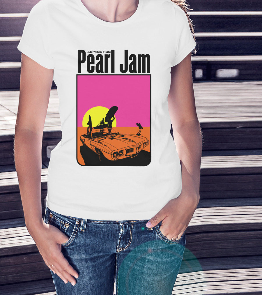 Pearl Jam & Space Hog Surfing Graphic Car Sunset T-Shirt