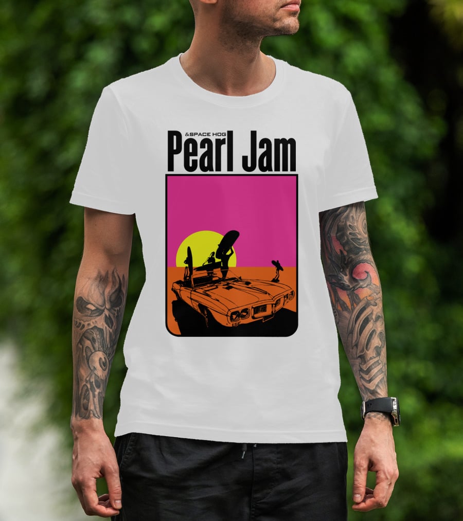 Pearl Jam & Space Hog Surfing Graphic Car Sunset T-Shirt
