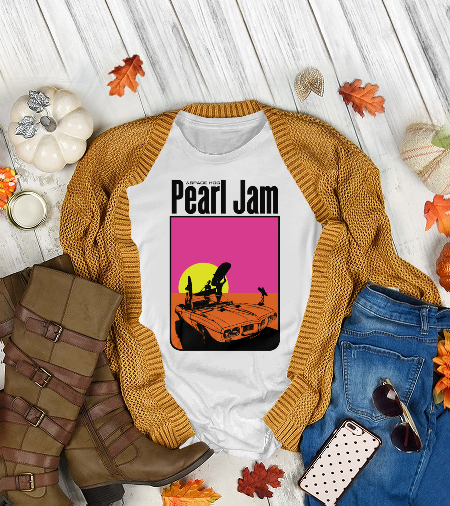 Pearl Jam & Space Hog Surfing Graphic Car Sunset T-Shirt