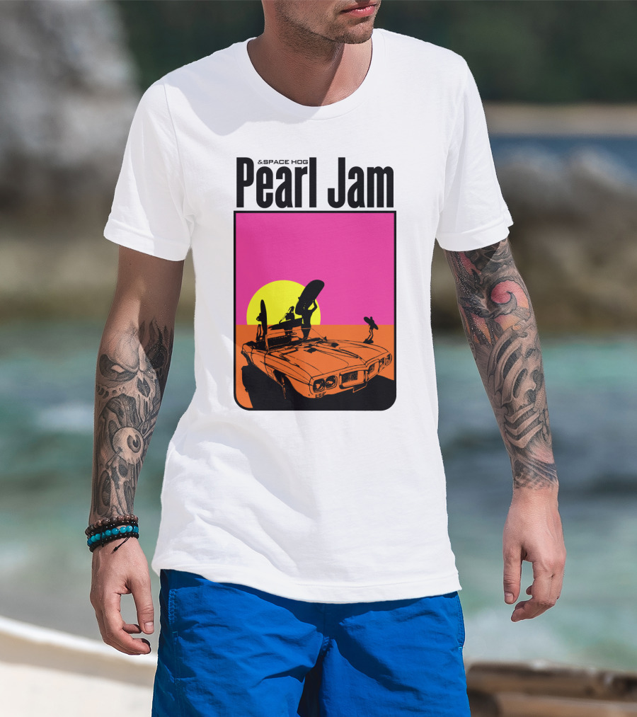 Pearl Jam & Space Hog Surfing Graphic Car Sunset T-Shirt
