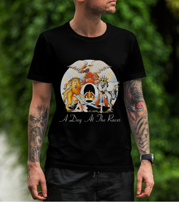 Queen A Day At The Races Album Cover Artwork With Lion And Griffin T-Shirt
