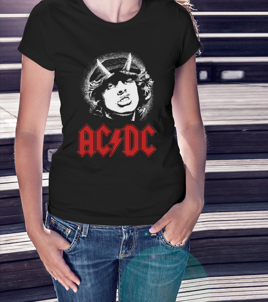 Acdc Rock Band Portrait With Red Logo And Horns T-Shirt