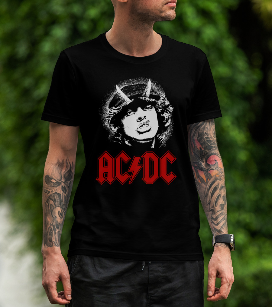 Acdc Rock Band Portrait With Red Logo And Horns T-Shirt