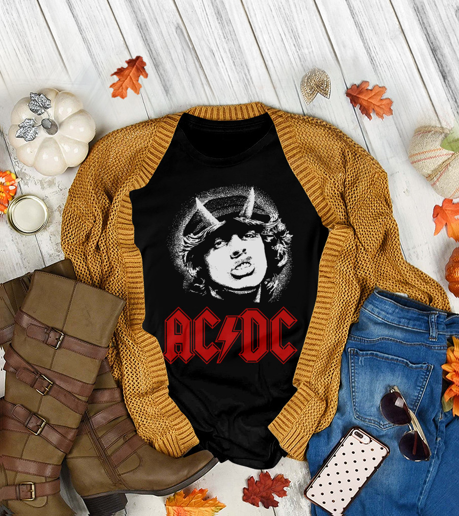 Acdc Rock Band Portrait With Red Logo And Horns T-Shirt