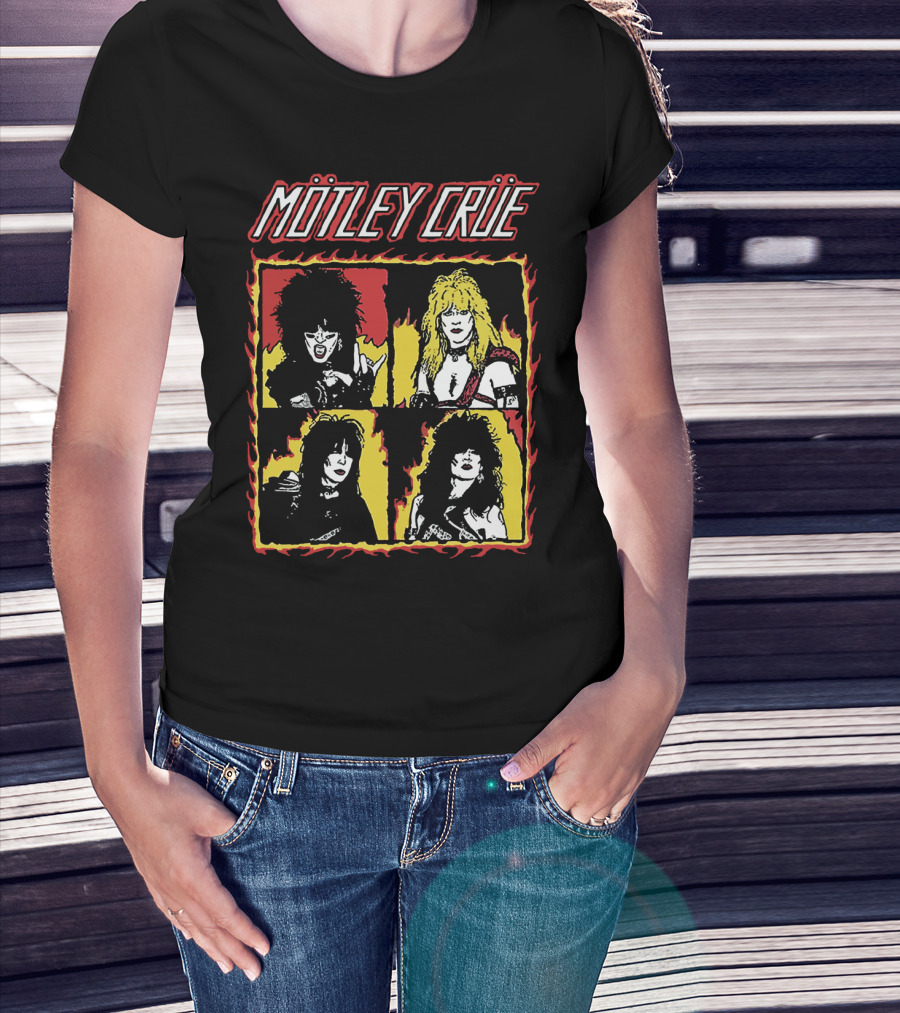 Mötley Crüe Cartoon Band Members Fire Border T-Shirt